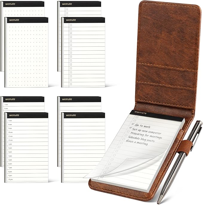 WEMATE 10 Pieces Notepad Holder Set Pocket Notebook - Included Mini Pocket Notepad Holder Set with 8 Memo Book Refills and Metal Pen for Meetings, Daily Records, and Notes 3 x 5 Inch (Brown) | Includes Mini Notepad Holder, 8 Memo Book Refills & Metal P...