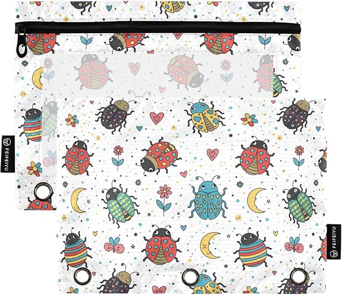 Emelivor Ladybugs Colorful White Pencil Pouch for 3 Ring Binder 2 Pack Binder Pencil Case with Clear Window Pencils Bags with Zipper for College Office Daily Supplies
