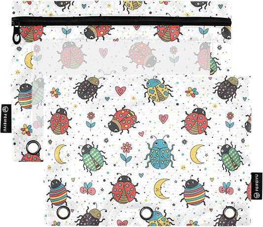 Emelivor Ladybugs Colorful White Pencil Pouch for 3 Ring Binder 2 Pack Binder Pencil Case with Clear Window Pencils Bags with Zipper for College Office Daily Supplies