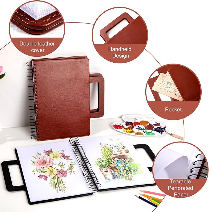 Large Sketchbook for Drawing 9"X 12" Portable Travel Spiral Bound Sketch Book with Pocket(98lb/160gsm) Hardcover Drawing Pad for Adults Watercolor Mixed Media Paper, 60 Sheets/120 Pages, Brown