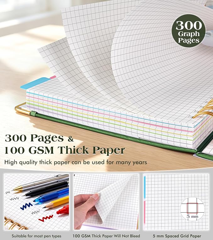 5 Subject Graph Paper Notebook with Removable Dividers Tabs, 300 Pages Hardcover Leather Grid Spiral Journal, 8"x10" B5 Large Graphing Notebooks for Women Men Work School College Engineering, Green