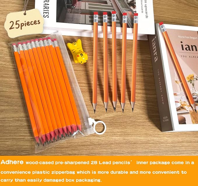 Adhere 25pcs Woodcase Pencils with Eraser Premium Pre-Sharpened Hexagon Graphite 2B pencils ideal for home, office writing including a Free Sharpener (Orange・25pcs)