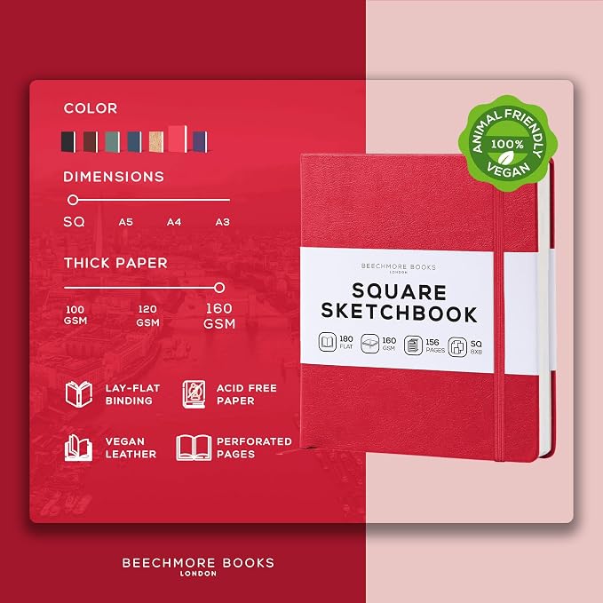 Beechmore Books Square Mixed Media Sketchbook - 8"x8" Professional Art Journal, 160 GSM / 98 lb Ivory Paper, Perforated Pages, Vegan Leather Hardcover, Lay-Flat Design for Drawing & Doodling