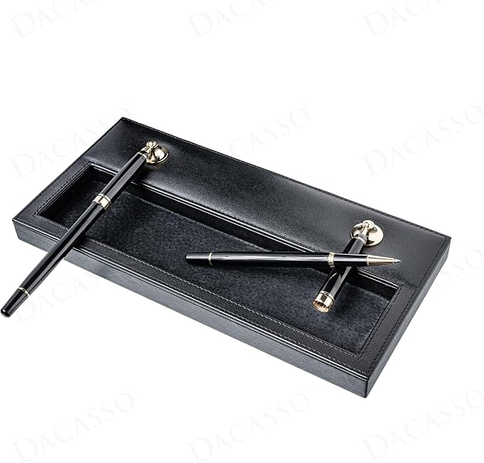 Dacasso Classic Black Leather Double Pen Stand w/Gold Accents - Luxury Executive Decor and Office Desk Surface Protector