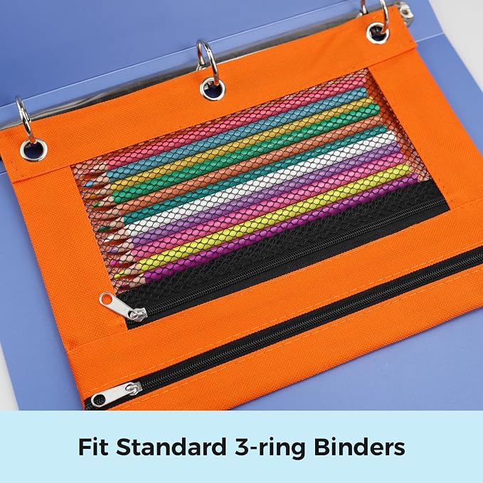 Pencil Pouch for 3 Ring Binder, Pencil Case Bag with Zipper, 600D Fabric Pencil Pouch Holder Accessories, Clear Window Pencil Case Aesthetic Back to School Organizer Pockets for Boy Girl (Orange)