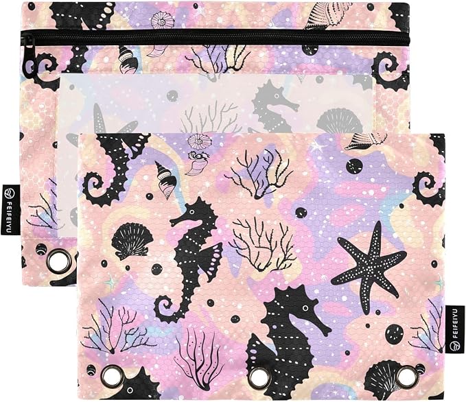 Seahorse Star Coral Seashells Pencil Pouch for 3 Ring Binder 2 Pack Zipper Binder Pencil Bag Case with Clear Window Office School Supplies