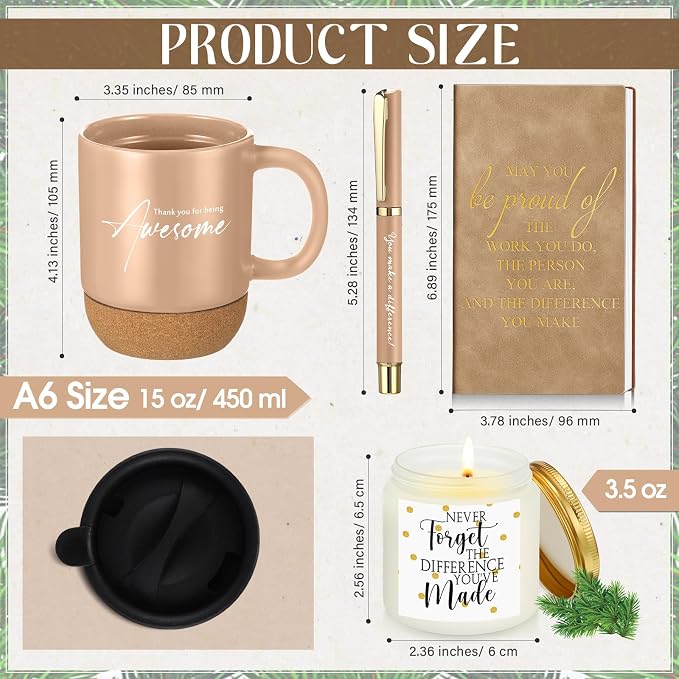 Sayglossy 4 Pcs Thank You Gifts Set for Men Back to School Teacher Appreciation Gift Leather Notebook Inspirational Coffee Mug Scented Candle Ballpoint Pen for Male Employee Coworker Boss Nurse, Gold