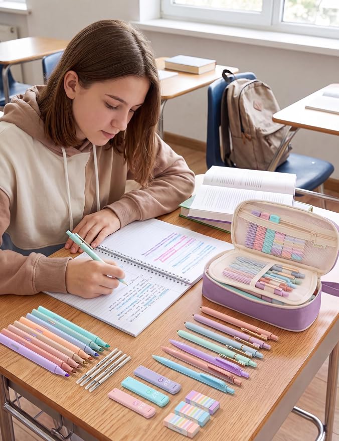 SUNEE 35PCS Aesthetic Stationery Set with Cute Pencil Case, Pastel Highlighters, Black Gel Pens, Mechanical Pencils & Refills, College School Supplies for Students Girls Purple