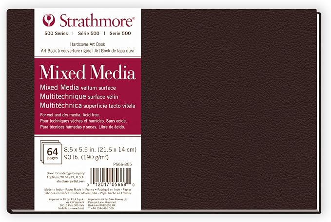 Strathmore 500 Series Mixed Media Paper Art Book, Matte Brown Cover, Natural White, Hardbound, 32 Sheets, 8.5x5.5 inch