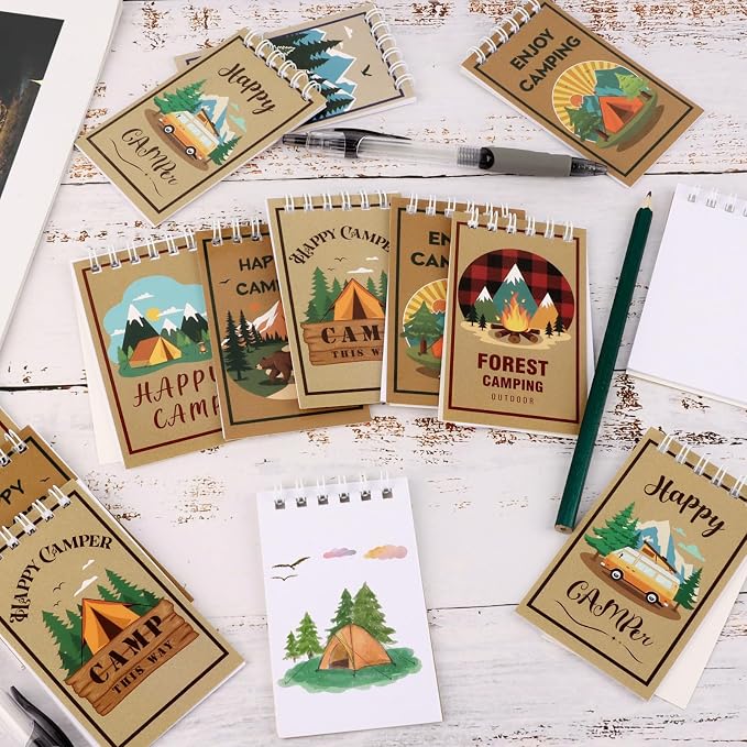 Atiloy 24 PCS Mini Notebooks Bulk for Camping Party Favors Small Pocket Notepad for Camping Journal Spiral Notebook for Work Home Office School Adventure Gifts, 8 Design