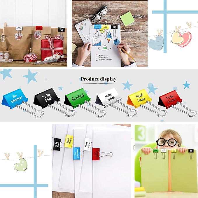 Tenare 6 Pack 2 Inch Teacher Binder Clips, Classroom Paper Organizer | Includes To Be Graded, Make Copies, Graded, Send Home, For Volunteer and To Be Filed for Classroom Management Paper Sorting