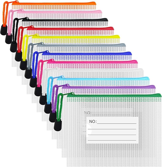 Plastic Mesh Zipper Pouch, 12Pcs Zipper File Bags with Label Pocket, Game Boards Storage Bags, Waterproof Document Storage Bags for Office Home Travel Cosmetic (A6 Size 6.3x4.7 in)