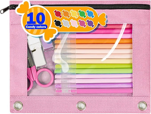 Forvencer Pencil Pouch for 3 Ring Binder, Large Pencil Case Pouch with 3 Reinforced Grommets, Pen Bag, Clear Window Pencil Case, Binder Accessories, Cotton Candy