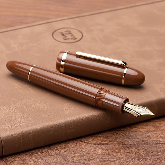 Jinhao X159 Brown Acrylic Fountain Pen, Size 8 Fine Nib Gold Trim Classic Design Smooth Writing Pen with Converter