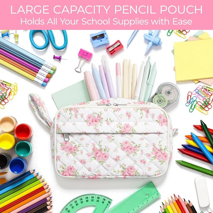 WOBAGMEN Quilted Pencil Pouch for Girls Women, Large Pencil Case Pouch with Compartments Cute Aesthetic Pencil Case Organizer, Floral Pencil Bag for School Supplies (big pink floral)
