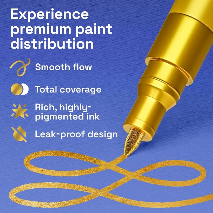ARTISTRO Gold Paint Pens - Extra-Fine Tips - Set of 5 | Acrylic Paint Markers, Water-Based, For Rock, Glass, Ceramic, Wood, Tire, Fabric, Metal, Canvas, Marking, Painting