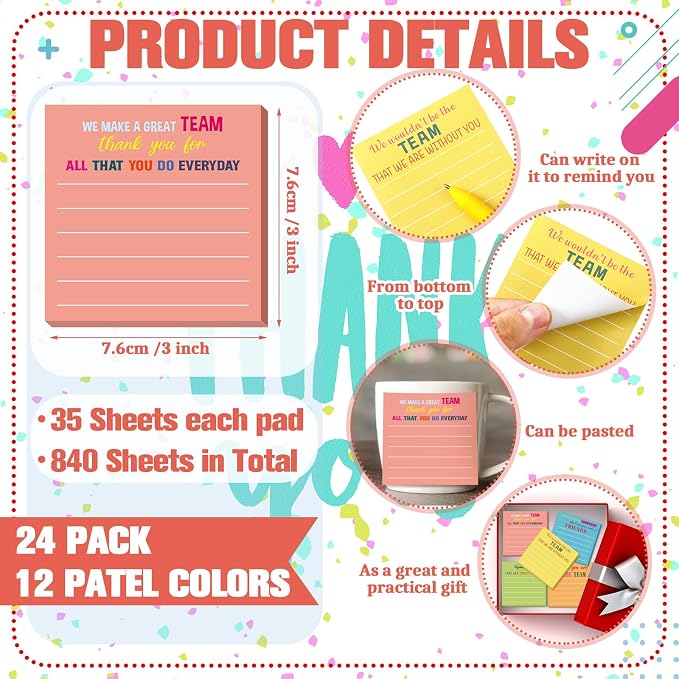 Yinder 24 Pcs Sticky Notes Gifts Bulk,Thank You,Light