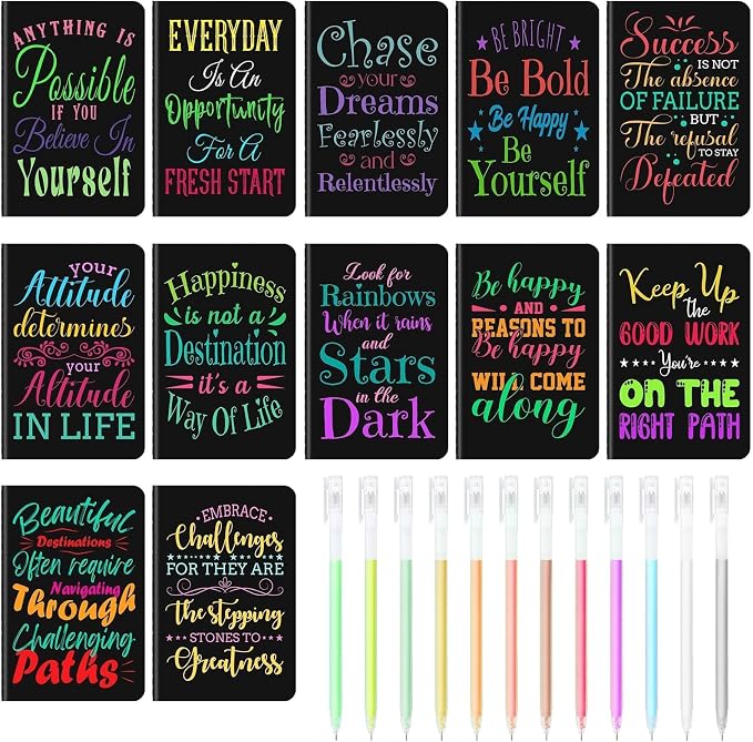 12 Pcs Mini Inspirational Notebooks Bulk with 12 Colorful Pens， 3.5"x5.5" | Small Pocket Journal Notepads Set, Motivational Bulk Gifts for Women Men Teacher Students Kids, End of School Year Gift Bulk