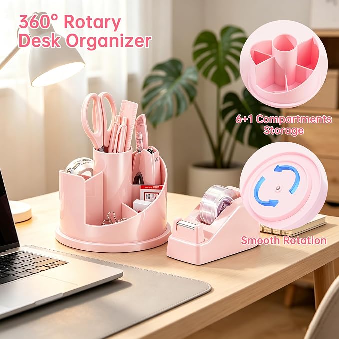 deli Office Supplies Set, Pink Desk Accessory Organizer Kit, Stapler Set, Rotating Multi-Functional Pen Holder, Tape Dispenser, Pens, Binder Clips, Sharpener, Scissor, Eraser, Pink Office Supplies