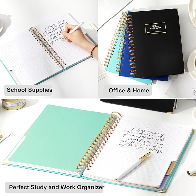 Yoment 2 Pack 5 Subject Notebook College Ruled, Hardcover Spiral Notebooks for Work School, B5 Multi Subject Notebook with Tabs Dividers, 240 Pages Lined Journal for Women Men, Pink&Blue