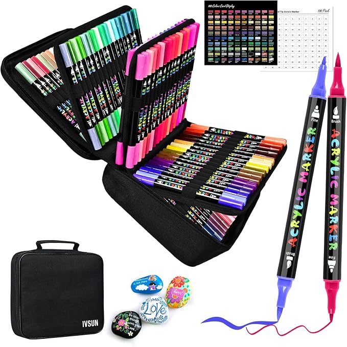 IVSUN 100 Colors Acrylic Paint Pens, Dual Tip Paint Markers | Fine & brush tips, ready to use, includes portable carrying case, works on rock, wood, canvas, ceramic, glass and metal.