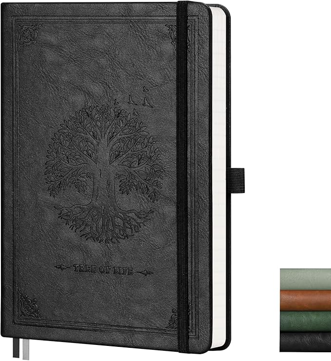AHGXG Lined Journal Notebook, 192 Numbered Pages, A5 Size (5.7'' x 8.3'') | College Ruled Notebook for Men & Women, Writing, Work & Office, Leather Hardcover, 100 GSM Thick Paper (Black)