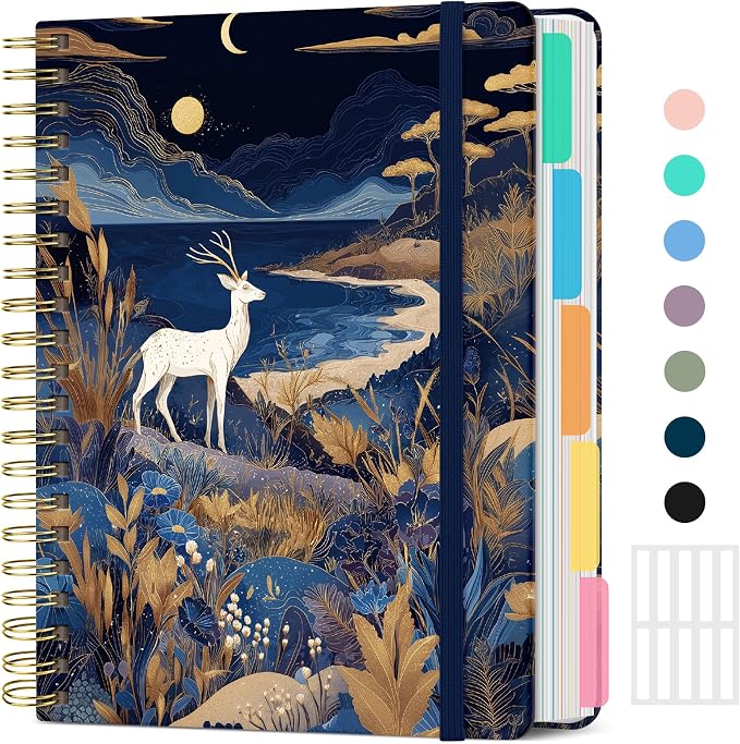 Large Lined Spiral Journal for Women Cute Hardcover 5 Subject Notebook for Work 8.5" x 11" with Removable Dividers & Tabs, College Ruled, 280 Pages Aesthetic Journal for Work, School & Note Taking, Lunar Fawn