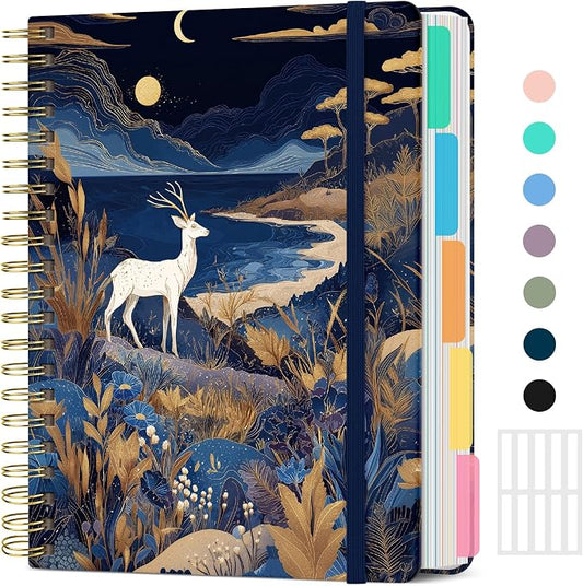 Large Lined Spiral Journal for Women Cute Hardcover 5 Subject Notebook for Work 8.5" x 11" with Removable Dividers & Tabs, College Ruled, 280 Pages Aesthetic Journal for Work, School & Note Taking, Lunar Fawn