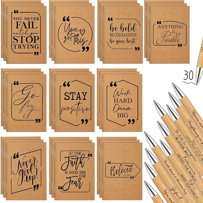 Fulmoon 60 Pcs Motivational Pens Inspirational Notebooks Gifts Bulk Inspirational Ballpoint Pen Small Note Pads Appreciation Gifts for Employee Nurse Volunteer Teacher Back to School (Brown)