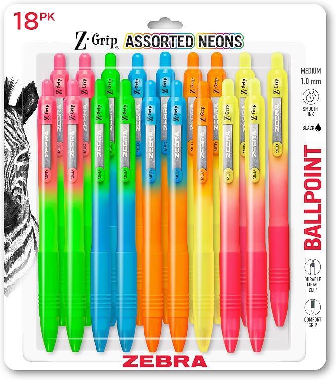 Zebra Pen Z-Grip Retractable Ballpoint Pen, Smooth-Flowing Black Ink, 1.0mm Medium Point, Assorted Ombre Neon Barrels, Teacher, School & Office Supplies, Ideal for Note-Taking, 18-Pack (23018AMZ)
