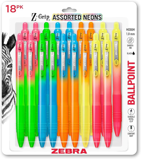 Zebra Pen Z-Grip Retractable Ballpoint Pen, Smooth-Flowing Black Ink, 1.0mm Medium Point, Assorted Ombre Neon Barrels, Teacher, School & Office Supplies, Ideal for Note-Taking, 18-Pack (23018AMZ)