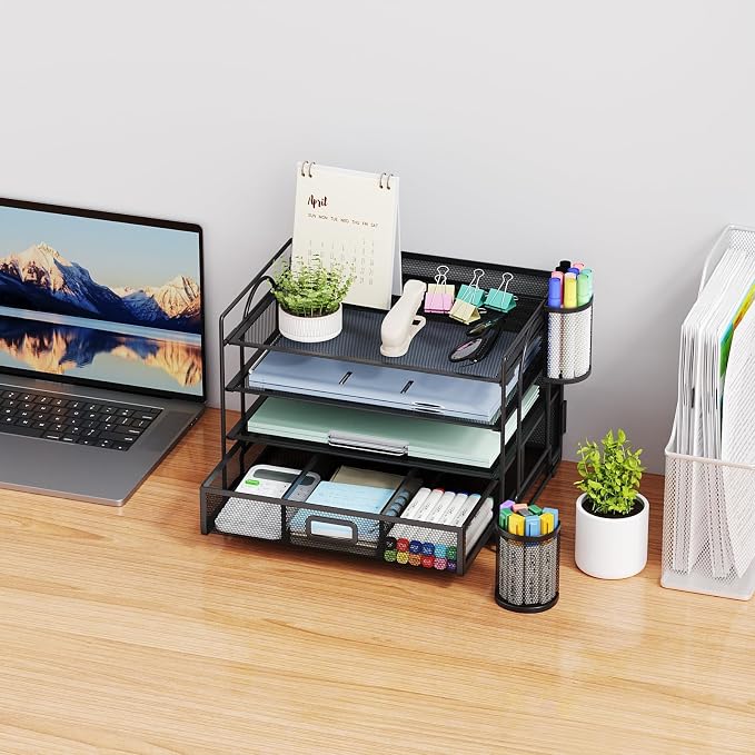 Marbrasse Desk Organizer and Accessories, 4-Tier Paper File Letter Tray Accessories & Workspace Desk Organizers with Drawer and 2 Pen Holders for School Home Office Supplies (Black)