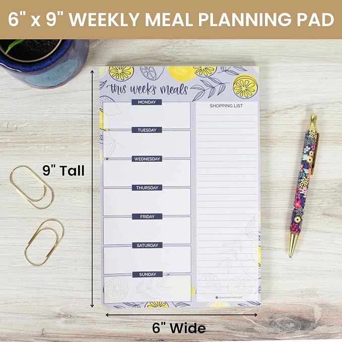 bloom daily planners Weekly Magnetic Meal Planning Pad for Fridge with Tear-Off Grocery Shopping List - Hanging Food/Menu Organizer Notepad with Magnets - 6” x 9" - Lemons