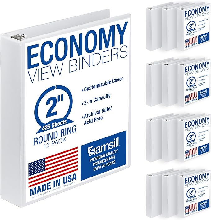 Samsill 2 Inch 3 Ring Binders, Economy Round Ring, Clear View Cover, 425 Sheet Capacity - for School, Home, Office - White, 12 Pack
