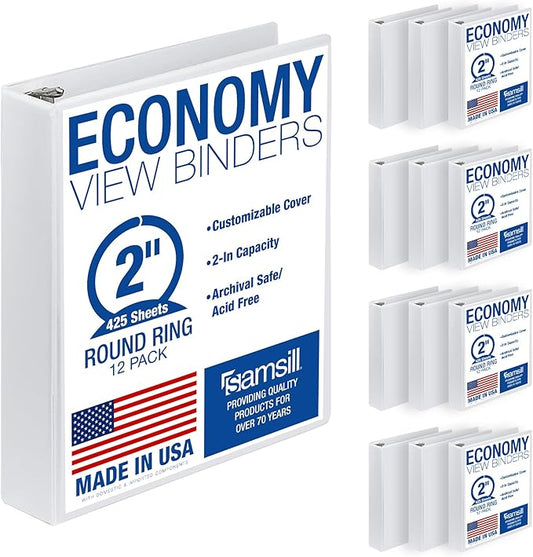 Samsill 2 Inch 3 Ring Binders, Economy Round Ring, Clear View Cover, 425 Sheet Capacity - for School, Home, Office - White, 12 Pack