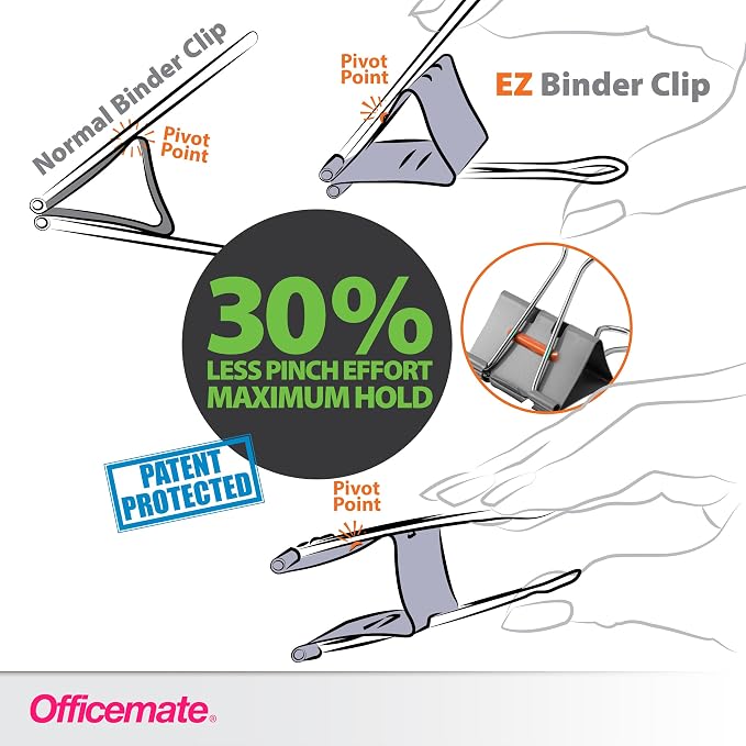 Officemate EZ Binder Clips, Large Size, 12/Box, Gray (99200)
