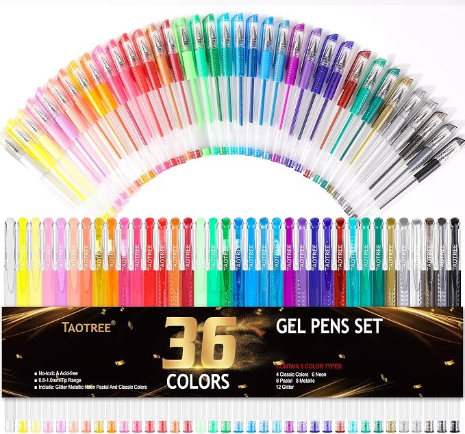Taotree Glitter Gel Pens, 36 Colors Neon Glitter Pens, Colored Gel Markers | 40% More Ink Fine Point Art Markers Set for Adult Coloring Books, Drawing Art Supplies, School Journaling, Scrapbook Supplies