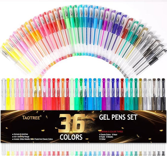 Taotree Glitter Gel Pens, 36 Colors Neon Glitter Pens, Colored Gel Markers | 40% More Ink Fine Point Art Markers Set for Adult Coloring Books, Drawing Art Supplies, School Journaling, Scrapbook Supplies