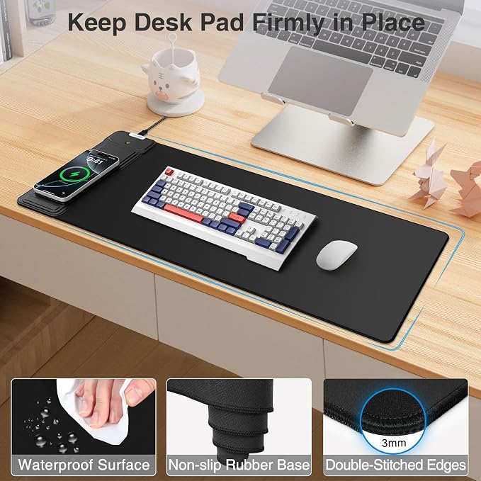 Mouse Pad with Wireless Charging & Foldable Phone Holder, Black | 27.5"x11.8 Desk Protector with Stitched Edges, Non-Slip Base, Laptop Desk Mat, Waterproof Writing Pad for Office & Home