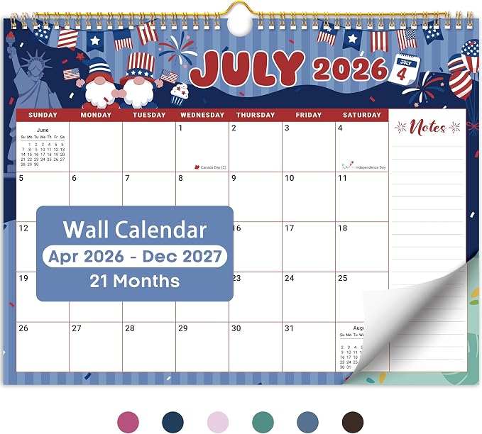 Calendar 2026-2027, Monthly Wall Calendar from April 2026 to December 2027, 11.5" x 14.7", Spiral Binding Hanging Wall Calendar, Perfect for Home or Office,Watercolor Festival