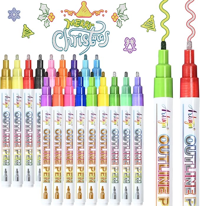 Artugn Outline Markers, 12 Sliver + 6 Gold Metallic Shimmer Glitter Pens | 18 Colors Art Craft School Drawing Supplies, Birthday Fun Kits for Kids Girls Ages 4 6 8 10 12 Year Old