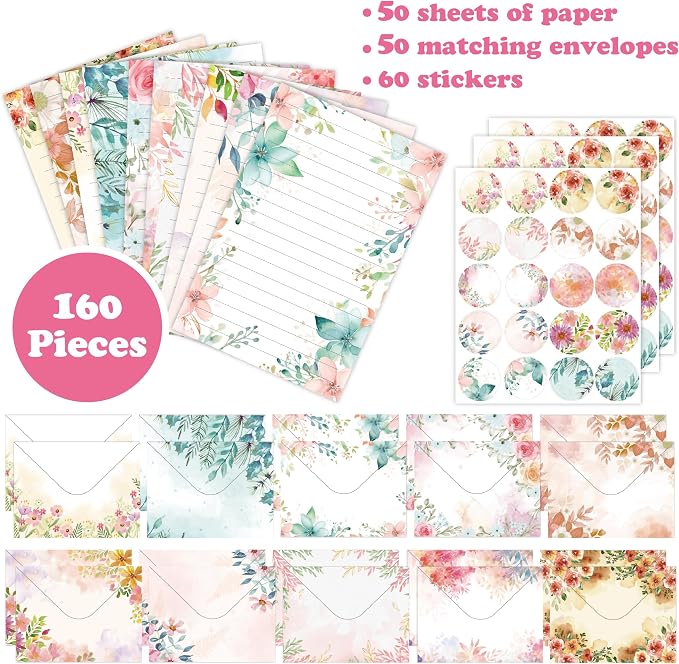 Stationery Paper Envelopes Set 160 Pcs - 50 Lined Writing Paper, 50 Envelopes, 60 Dot Stickers, Vintage/Floral/Leaf/Watercolor Multi-Style Options (STATIONERY-160PCS-FLORAL)