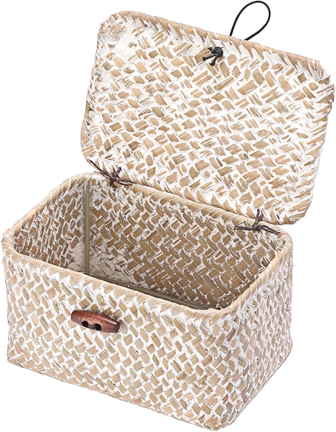 Small Wicker Basket with Lid, Decorative Box for Shelf | Rectangular Bin for Keys & Remotes, Multipurpose Shelf Storage, Durable Natural Seagrass, Whitewash, 6.1"x 4"x 3.3"