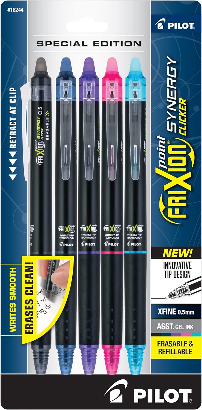 Pilot FriXion Synergy Clicker Erasable, Refillable, Retractable Gel Ink Pens, Extra Fine Point 0.5 mm, Pack of 5, Assorted Colors, FriXion Erasable Pens 0.5 - Ideal for School & Office Writing
