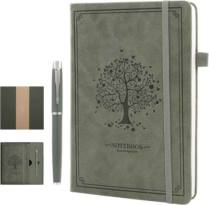 Lined Notebook with Gift Box for Women Men 320 Pages A5 Hardcover Leather with Pen Holder College Ruled Journals for Work Note Taking Travel School Green