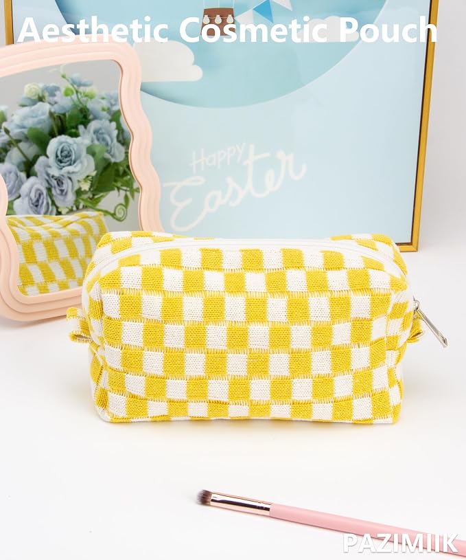PAZIMIIK Checkered Makeup Bag for Purse, Small Travel Cosmetic Pouch,Yellow | Cute Zipper Makeup Organizer for Women, Travel Essentials, Toiletries, Makeup Brushes, Beauty Accessories&Bridesmaid Gifts