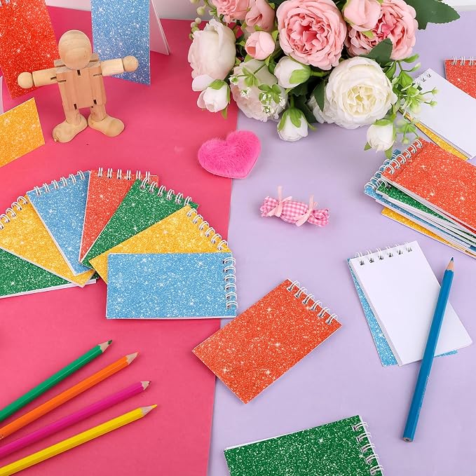 24 Pack Mini Notebooks Party Favor Small Spiral Journal Notepads for Kids | Glitter Cover Pocket Writing Memo Note Pads with Lined Pages for Schools Classroom Home Work Office Supplies, 2.3x2.3 Inches