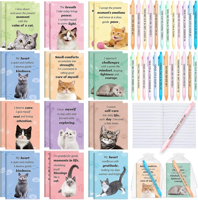 Mooliwe 48 Pcs Positive Affirmation Gift Set Gratitude Notebooks with Pens Small Bags Motivational Encouragement Notepads Daily Affirmations Journal for Women Stress Relief Self Care (Cat)