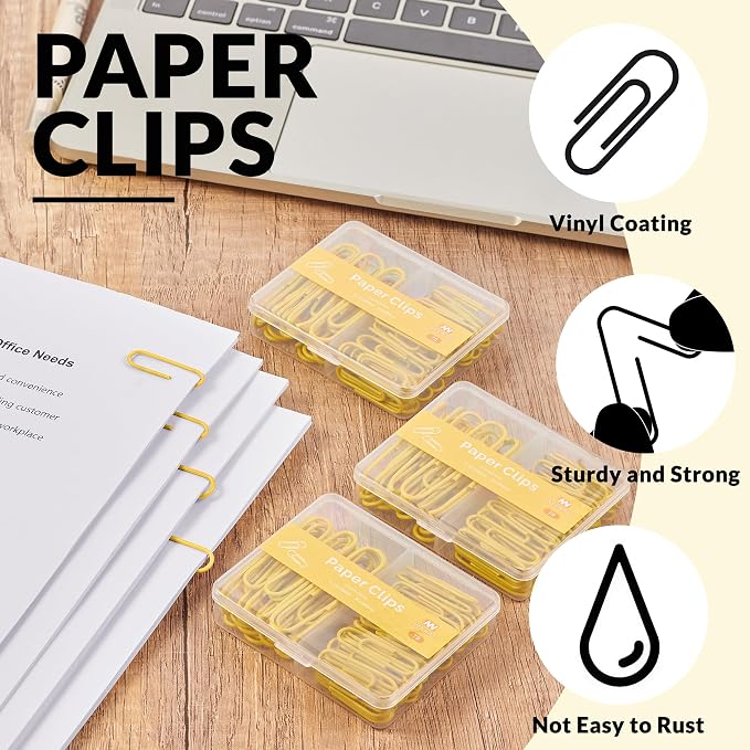 NEEWAY Colorful Paper Clips Assorted Sizes, Small and Large Paper Clips, 210 Count, 3 Pack of 70 (Yellow)
