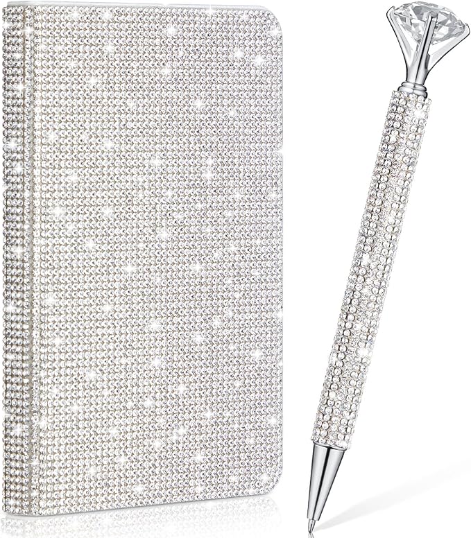 Rhinestone Pen & Glitter Notebook Set, Hard Cover Bling Diary Journal for Girls, Cute School Supplies for Back to School, Sparkly Desk Accessories Gift for Women(Rhinestone,A6,White)